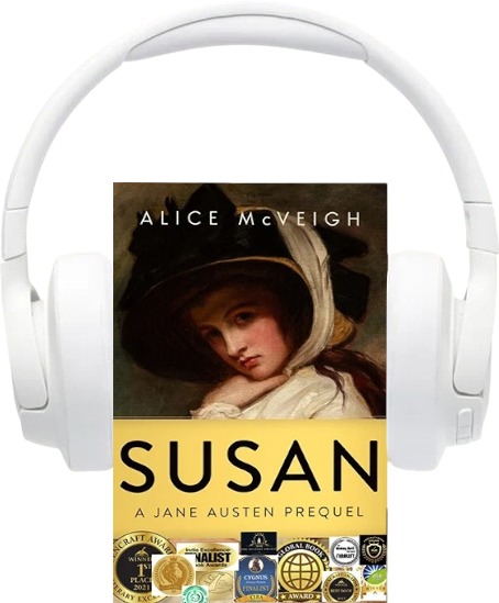 Susan with headphones badges and transparent background